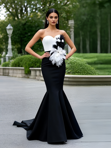 Flower Trumpet Mermaid Black & White Prom Dress Custom Made / Burgundy
