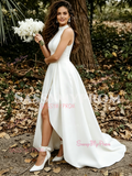 Halter Satin A Line High Low Wedding Dress With Slit