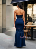 Sheath Column Satin Strapless Simple Navy Blue Prom Dress