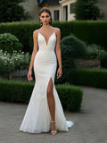 Trumpet Mermaid White V Neck Lace Wedding Dress With Slit