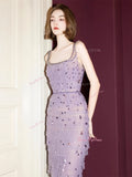 Beading Sheath Column Lavender Strapless Tulle Prom Dress