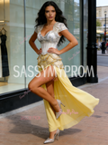 Cap Sleeve Beading Yellow Chiffon Corset Prom Dress