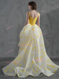 A Line High Low Print Yellow Prom Dress