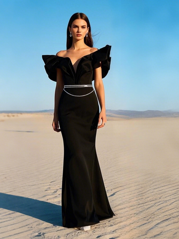 Trumpet Mermaid Backless Satin Black Chain Prom Dress