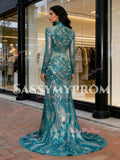 High Neck Sequin Floral Green Long Sleeve Prom Dress