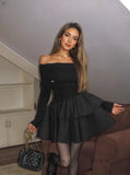 Long Sleeves Off-Shoulder Black Ruffle Dress