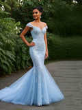 Appliques Trumpet Mermaid Light Blue Tulle  Prom Dress