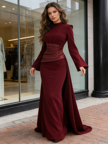 Satin Detachable Train High Neck Burgundy Trumpet Mermaid Prom Dress