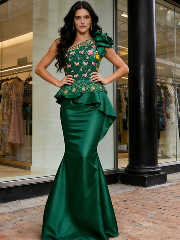 Print Trumpet Mermaid Satin One Shoulder Flower Prom Dress