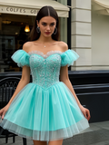 Puffy Sleeve Short Mini Green Tulle Homecoming Dress