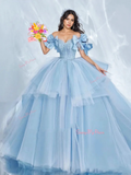 Light Blue Ruffles Puffy Sleeve Ball Gown Prom Dress