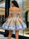 Sequin A Line Feather Off The Shoulder Homecoming Dress
