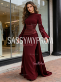 Satin Detachable Train High Neck Burgundy Trumpet Mermaid Prom Dress