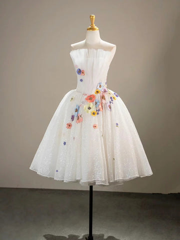 Tulle Lace Short Floral White Homecoming Dress