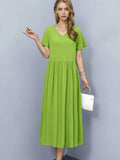 Classic V-Neckline Flowy Green Dress