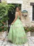 Tie Straps Tulle A Line Green Floral Prom Dress