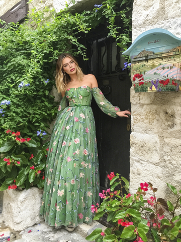 Green Off The Shoulder Floral Tulle A Line Prom Dress