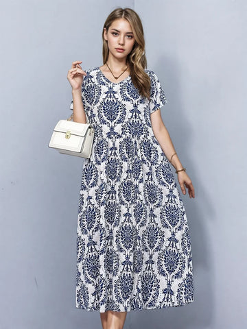 Blue and White Floral Patterned Summer Midi Dress