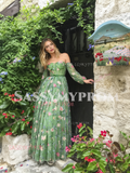 Green Off The Shoulder Floral Tulle A Line Prom Dress