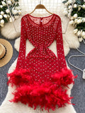 Shine Bright Rhinestone Feather Red Mini Dress