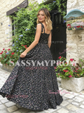 A Line Tulle Print Floral Tie Straps Black Prom Dress