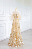 Tulle Floral A Line Off The Shoulder Champagne Prom Dress