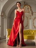 Backless Red Satin Spaghetti Straps Prom Dress With Slit