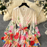 Vibrant Floral Patterns Bow Tie Waist Long-Sleeve Mini Dress