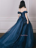 Tulle Off The Shoulder Satin Blue Ruched Prom Dress