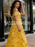 Feather Yellow A Line Off The Shoulder Sparkle Prom Dress