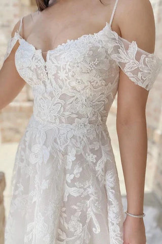 A Line Off White Lace Appliques Wedding Dress