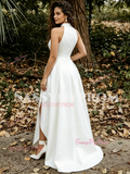 Halter Satin A Line High Low Wedding Dress With Slit