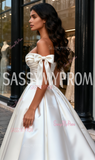 A Line Off The Shoulder Ruched Tie Shoulder Satin Wedding Dress
