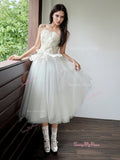 Tulle Flower Tea Length Short Strapless Flower Wedding Dress