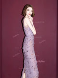 Beading Sheath Column Lavender Strapless Tulle Prom Dress