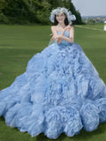 Blue Strapless Tulle Ball Gown Sweetheart Flower Prom Dress