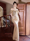 Off The Shoulder Trumpet Mermaid Champagne Sequin Prom Dress