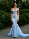 Appliques Trumpet Mermaid Light Blue Tulle  Prom Dress