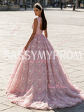 Pink Heart Pearls Keyhole A Line Jewel Tulle Prom Dress