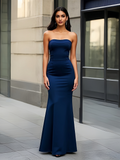 Sheath Column Satin Strapless Simple Navy Blue Prom Dress