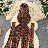 Sexy Animal Print Halter Jumpsuit With Gloves