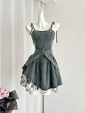 Patterned Irregular Hem Chic Dark Green Denim Dress