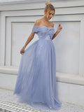 Pink Tulle Off The Shoulder Appliques Prom Dress