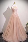 Tulle Halter A Line Beading Long Pink Prom Dress