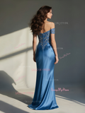 Off The Shoulder Trumpet Mermaid Satin Blue Appliques Prom Dress