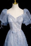 Beads Sweetheart A Line Blue Tulle Puffy Sleeves Prom Dress
