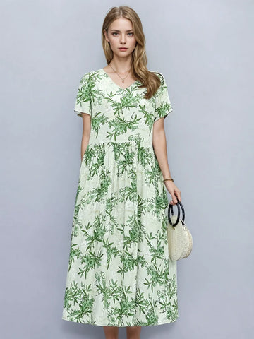 Classic Silhouette Greenery-Embellished Midi Dress