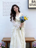 White V Neck Long Sleeve Maxi Ruffle Layered Dress