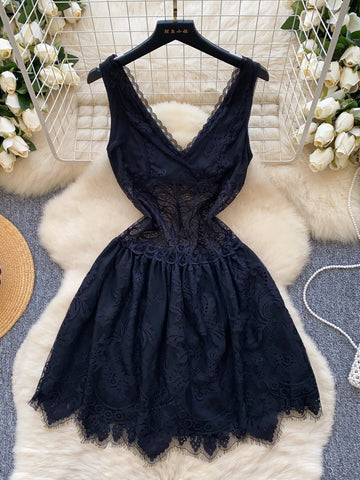 Black Lace V Neck Sheer Summer Mini Dress