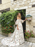 Puffy Sleeves A Line Satin Sweep Train Floral Prom Dress